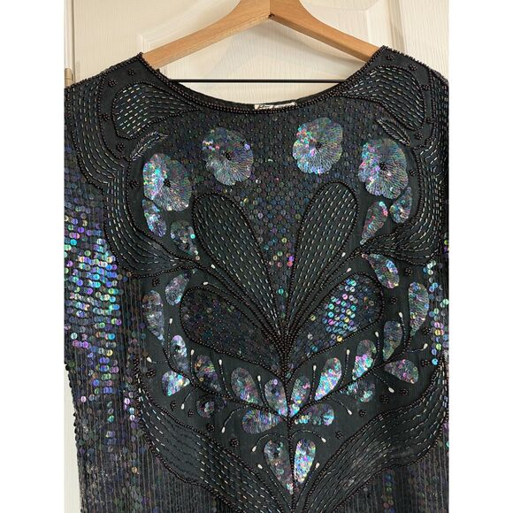 VTG Pete's Black Silk Multicolor Sequin Beaded Short Sleeve Blouse Top Women's M - Picture 2 of 10
